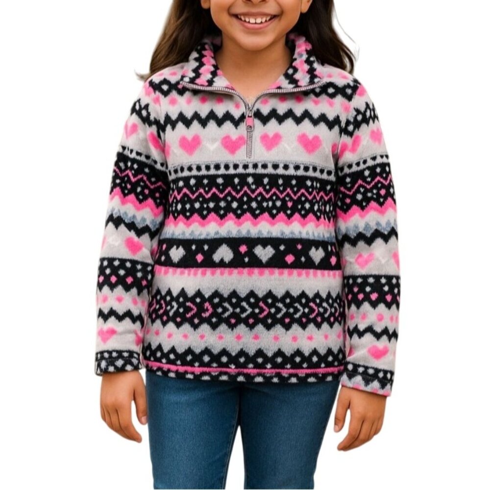 Childrens Place Large 10/12 Girls Fleece Pullover Sweater Pink Hearts Half Zip